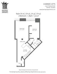 A floor plan for a one bedroom apartment with a living area, dining area, kitchen, and bath.