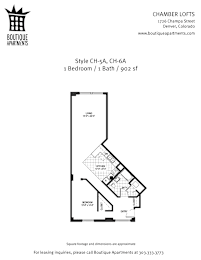 A floor plan for a 1 bedroom, 1 bath apartment at Boutique Apartments.