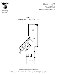 A floor plan for a 1 bedroom, 1 bathroom apartment at Boutique Apartments.