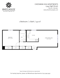 A floor plan for a 1 bedroom, 1 bath apartment at Cheesman High Apartments.