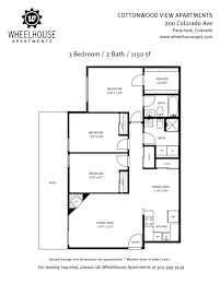 A floor plan for a three bedroom, two bathroom apartment at Wheelhouse Apartments.