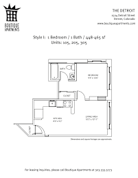 A floor plan for a 1 Bedroom / 1 Bath apartment at Boutique Apartments.