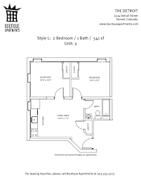 A floor plan for a 2 Bedroom / 1 Bath apartment at The Detroit Apartments.