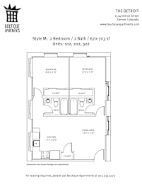 A floor plan for a 2 Bedroom / 2 Bath apartment at The Detroit Apartments.