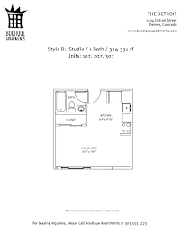 A floor plan for a studio apartment with a bath and kitchenette.