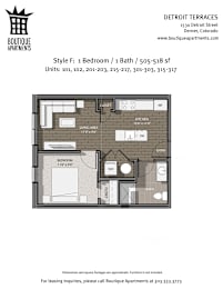 A floor plan for a 1 Bedroom/1 Bath apartment at Detroit Terraces.