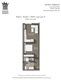 A drawing of an apartment layout for a studio/bath with a kitchenette.