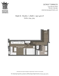 A floor plan for a studio apartment with a kitchen, living room, and bathroom.
