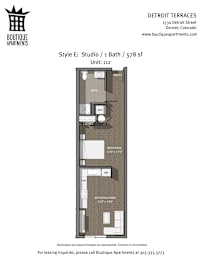 A floor plan for a studio apartment with a bathroom and kitchenette.