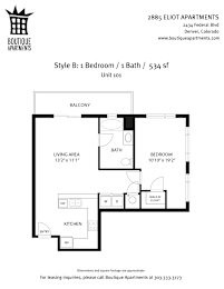 A floor plan for a 534 square foot apartment with one bedroom and one bath.