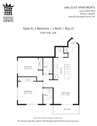 A floor plan for a 2 Bedroom, 2 Bathroom apartment at 2885 Eliot Apartments.