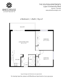 A floor plan for a 2 bedroom, 1 bath apartment at The Dolphin Apartments.