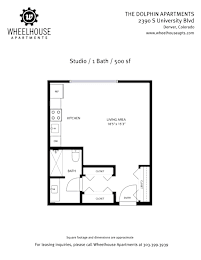 A floor plan for a studio apartment at The Dolphin Apartments.
