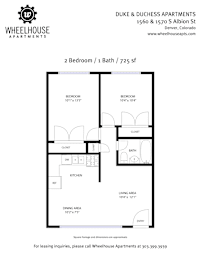 A floor plan for a 2 Bedroom / 1 Bath apartment at Duke & Duchess Apartments.