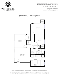 Floor plan for a 3 bedroom, 1 bath apartment at Eagles Nest Apartments.