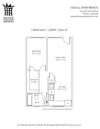 A floor plan for a 1 bedroom, 1 bath apartment with a kitchen.