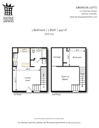 A floor plan for a 1 bedroom apartment with a living area and storage space.
