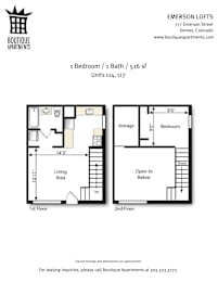 A floor plan for a 1 bedroom/bathroom apartment at Emerson Lofts.