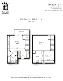 A floor plan for a 1 bedroom apartment with a balcony.