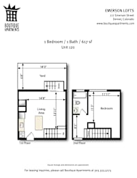 A floor plan for a 1 bedroom apartment with a bath and living area.
