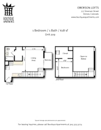 A floor plan for a 1 Bedroom / 1 Bath / 618 sf unit.