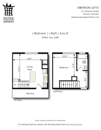 A floor plan for a 1 bedroom apartment at Emerson Lofts.