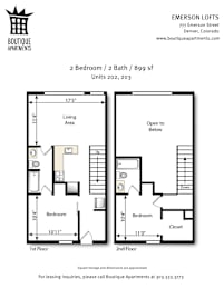 A floor plan for a 2 bedroom, 2 bath apartment at Emerson Lofts.