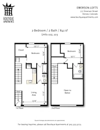 A floor plan for a 2 bedroom/2 bath apartment at Emerson Lofts.