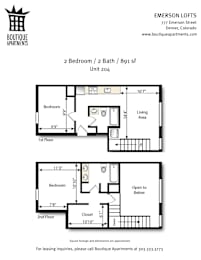 A floor plan for a 2 bedroom, 2 bath apartment at Emerson Lofts.
