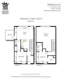 A floor plan for a 2 bedroom, 2 bath apartment with a living area.