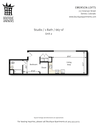 A floor plan for a studio apartment at Boutique Apartments.