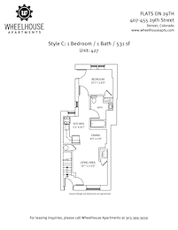 Floor plan for a 1 bedroom, 1 bath apartment.