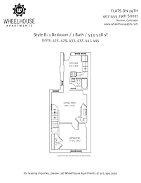 A floor plan for a 1 bedroom, 1 bath apartment at Wheelhouse Apartments.
