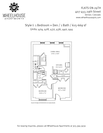 A floor plan for a one bedroom apartment with den and bath is shown.