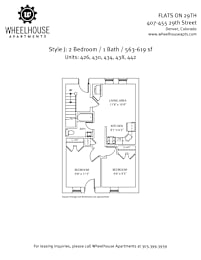 A floor plan for a 2 bedroom, 1 bath apartment at Wheelhouse Apartments.