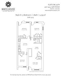 A floor plan for a 3 bedroom, 1 bath apartment at Wheelhouse Apartments.