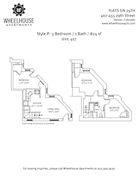 Floor plan for a 3 bedroom, 1 bath apartment.
