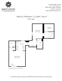 Floor plan for a one bedroom apartment with 1.5 baths and 691 square feet.