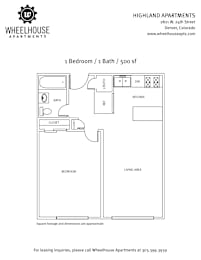 A floor plan for a 1 Bedroom / 1 Bath / 500 sf apartment at Highland Apartments.