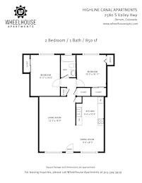 A floor plan for a 2 bedroom, 1 bath apartment at Highline Canal Apartments.