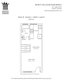 A drawing of a studio apartment layout by boutique apartments.