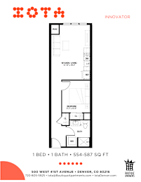 A floor plan for a 1 bedroom, 1 bathroom apartment sized at 554-587 square feet.