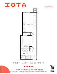 A floor plan for a 1 bedroom, 1 bath apartment at 555-607 Sq Ft.