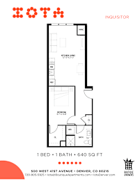 A floor plan for a 1 bedroom, 1 bathroom apartment of 640 square feet.
