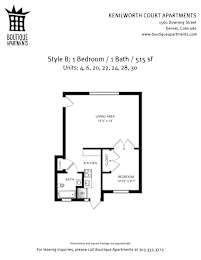 A floor plan for a 1 Bedroom/1 Bath apartment at Kenilworth Court Apartments.