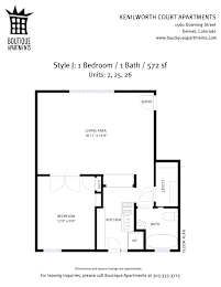 A floor plan for a 1 bedroom, 1 bath apartment at Kenilworth Court Apartments.