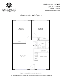 A floor plan for a 2 bedroom, 1 bath apartment at Marlu Apartments.