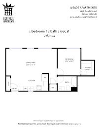 A floor plan for a 1 bedroom apartment with 1 bath and 695 square feet.