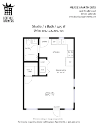 A floor plan for a studio apartment with 1 bath and 1 bed.