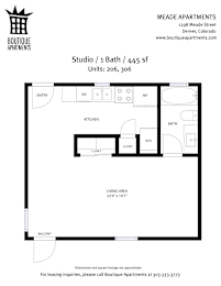 A floor plan for a studio apartment with 1 bath and 2 closets.